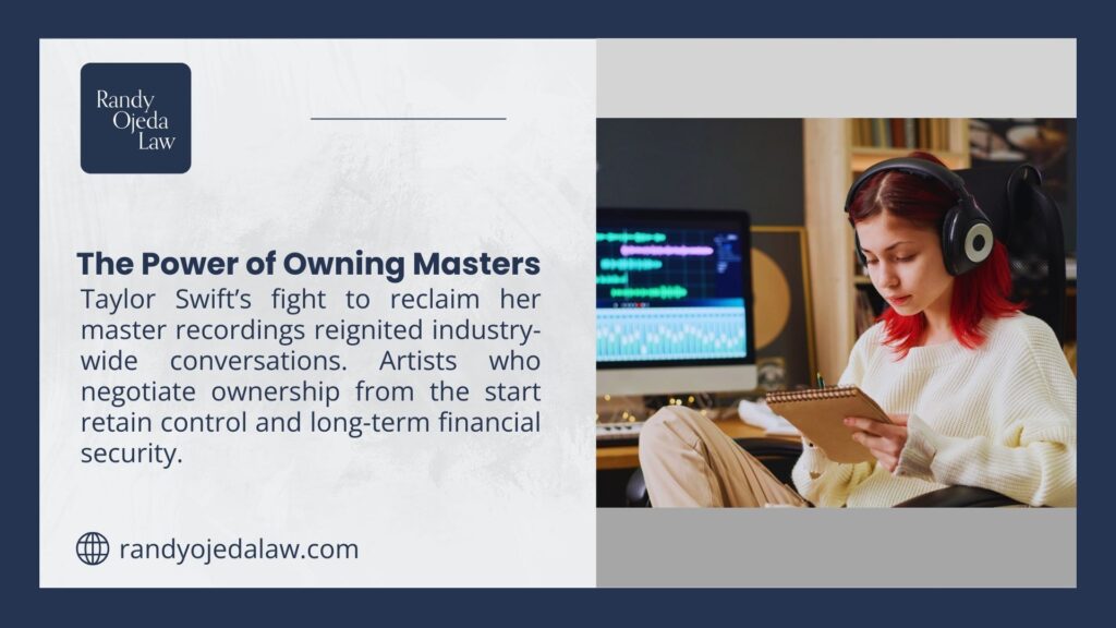 An image of a person with red hair wearing headphones and holding a notebook, discussing Taylor Swift's fight to reclaim master recordings and the importance of artist ownership, from randyojedalaw.com.